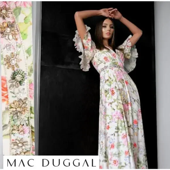 Mac Duggal Floral Print Faux Wrap Flutter Sleeve A Line Gown Floral SIze 12 9079 - Picture 1 of 14